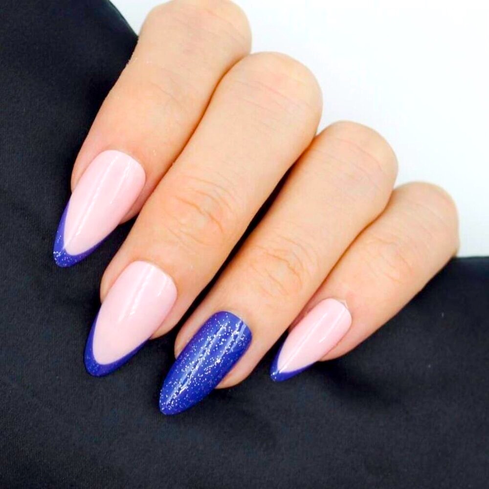 Elegant Almond Press-On Nails – Purple Tips with Glitter Constellation Design